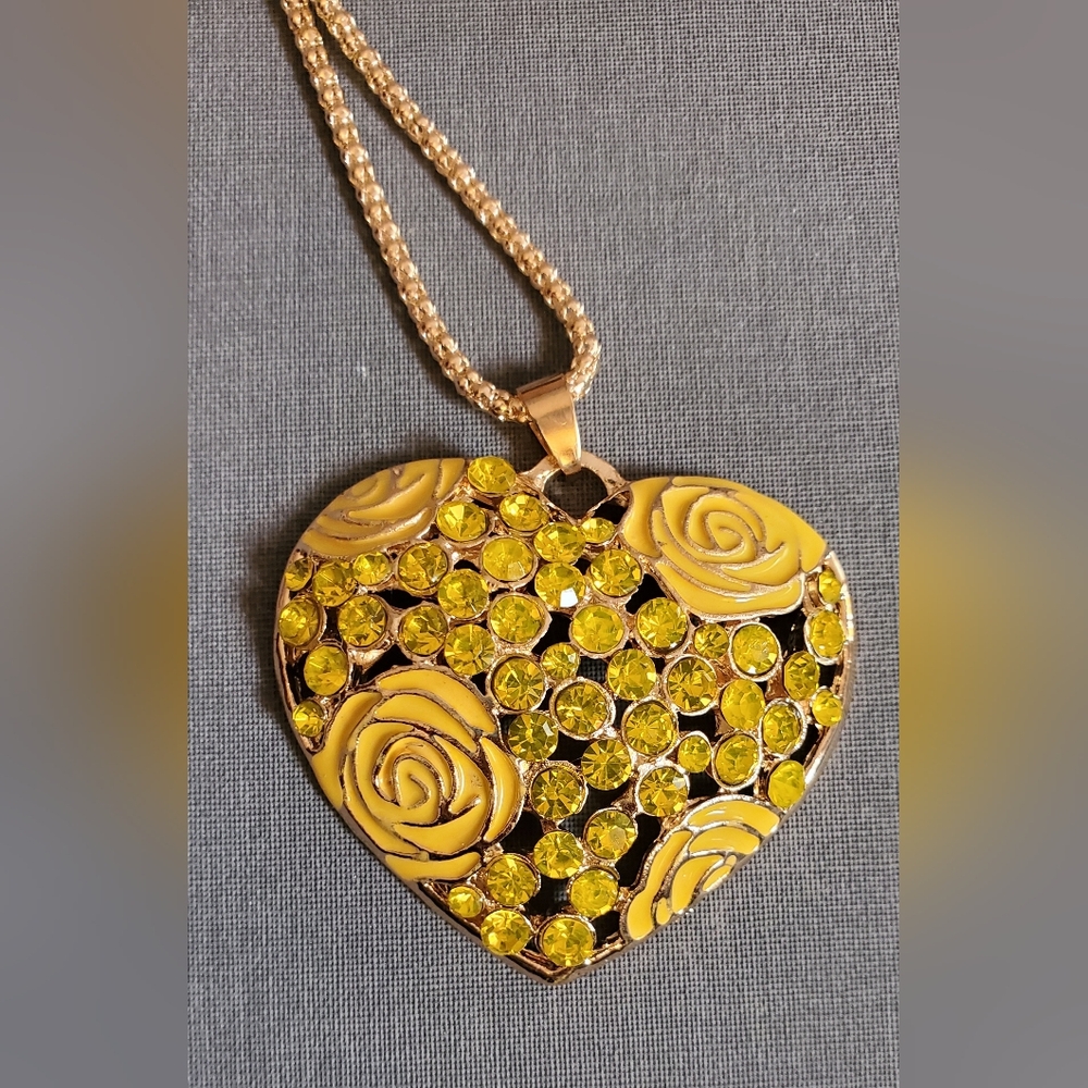 Gold-Tone Heart Pendant Necklace with Yellow Crystal and Rose Motif